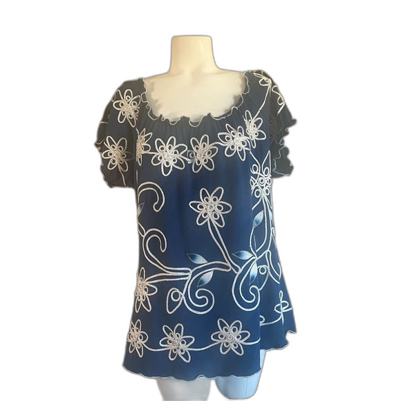 Vintage Lauren Michelle Petite Blue White Floral Blouse PL Large - Picture 8 of 8